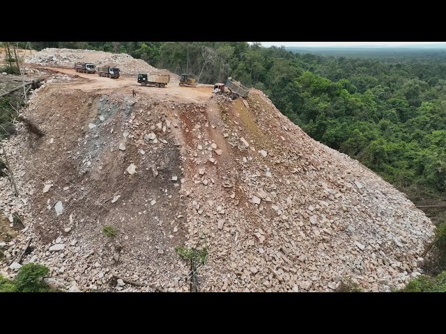 Amazing Incredible Mountain Road Buillding Truck Dumping Massive Stone Old Bulldozer Pushing Stone