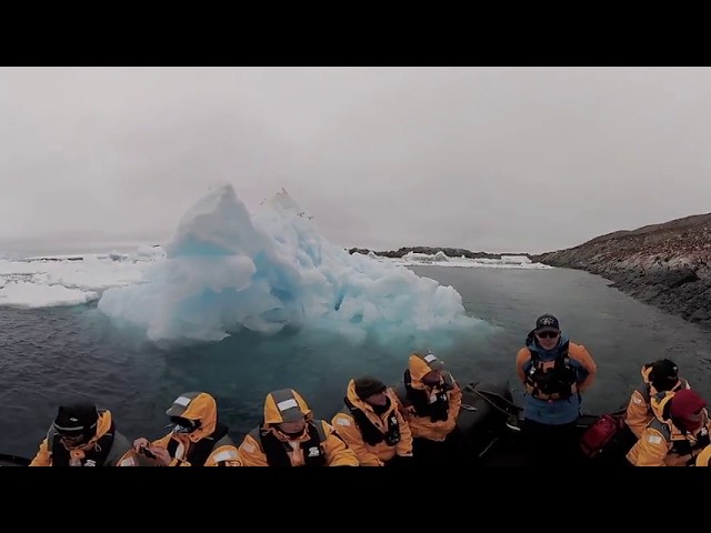 360 Video - Cruising the penguin-filled shoreline of Heroina Island in Antartica