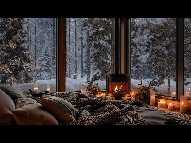 Snowy Jazz Haven ❄️ Snowstorm & Fireplace Sounds Ultimate Cabin Vibes for Unwind