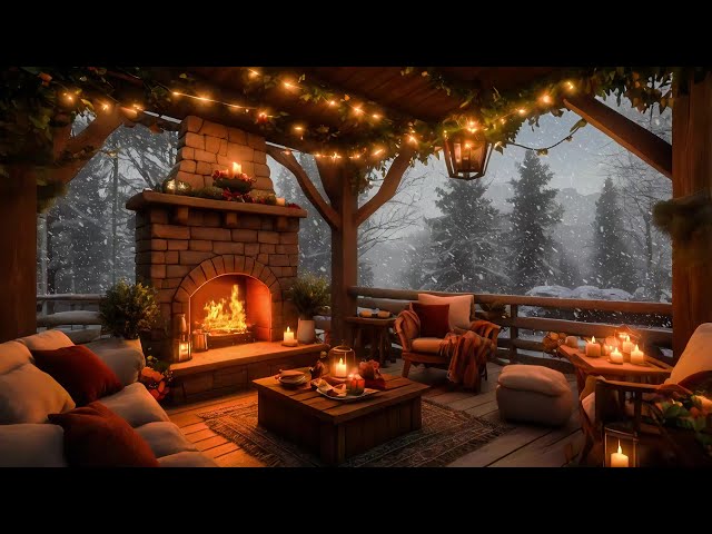 Winter Cozy Porch in Snowfall 🔥 Crackling Fireplace Sound, Relaxing Wind & Snow Falling Ambience