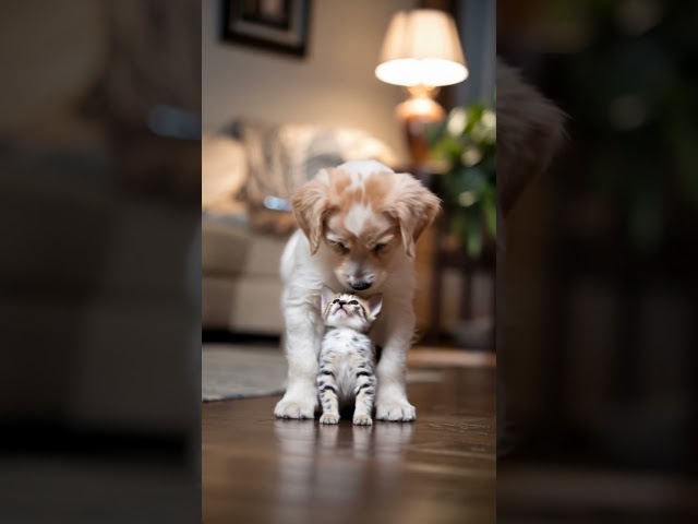 Cute golden retriever puppy with kitty #goldenretriever #kitten #shorts #shortvideo #puppyvideos