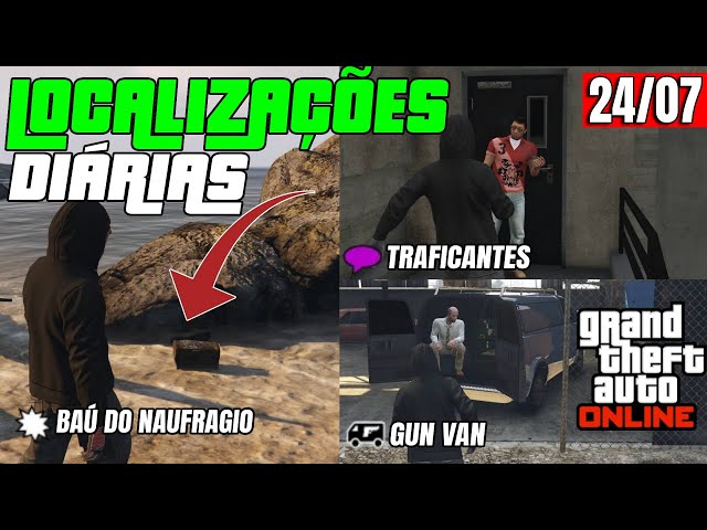 GTA V ONLINE   LOCALIZAÇÕES DIARIAS GUN VAN, TRAFICANTES E BAU DO NAUFRAGIO 25 07 2024