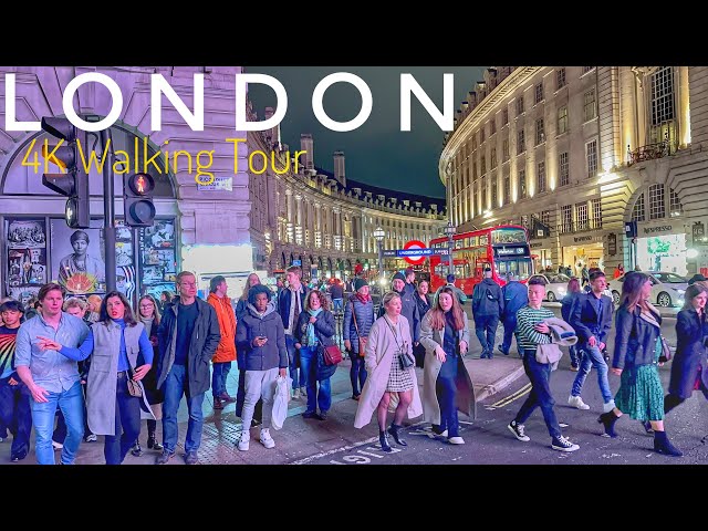 LONDON 4K HDR Walking Tour with Captions & Immersive Sound | Central London Night Street Walk