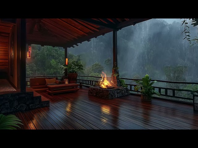 Heavy Rainfall with Fireplace Ambiance Sitting On The Porch Heavy Rain and Fireplace Sounds To Sleep