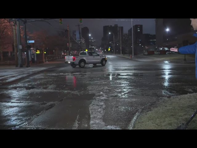 Icy conditions in downtown Cleveland after overnight freezing rain