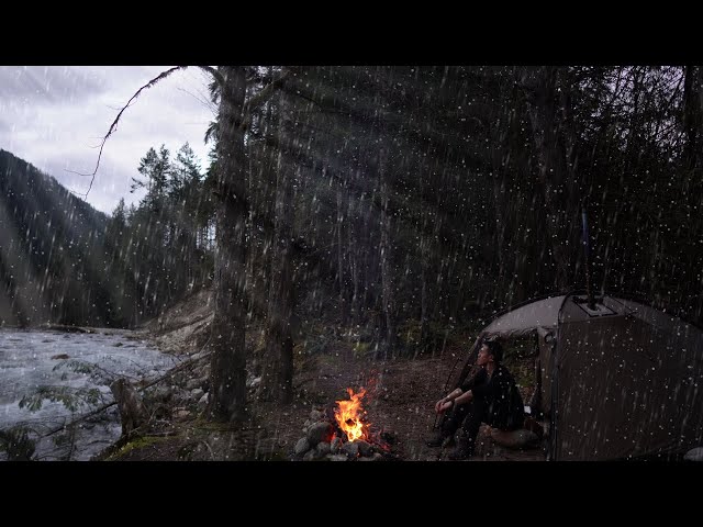 Camping Along the Rushing River - Heavy Rain | Camp Fire | Nature ASMR