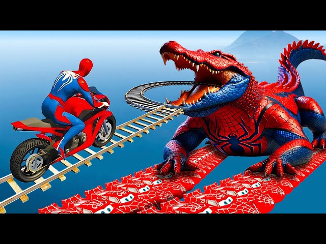 SPIDER-MAN on Motorcycle  in Bridge vs CROCODILE Stunt Ride Superheroes GTA 5