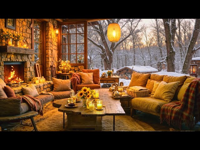 Cozy Cabin Hillside Escape ❄️ Gentle Snowfall, Warm Fireplace & Smooth Jazz Melodies for Relax, Work