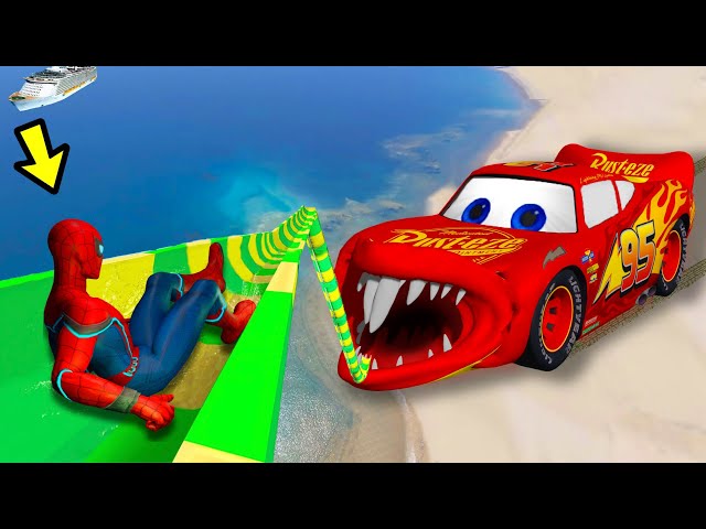 GTA 5 Mcqueen vs Spiderman | Water Slides | Euphoria Ragdolls