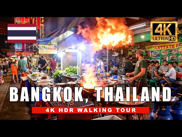 BANGKOK, Thailand 4K Walking Tour - Night Market Food Tour | 4K HDR 60fps