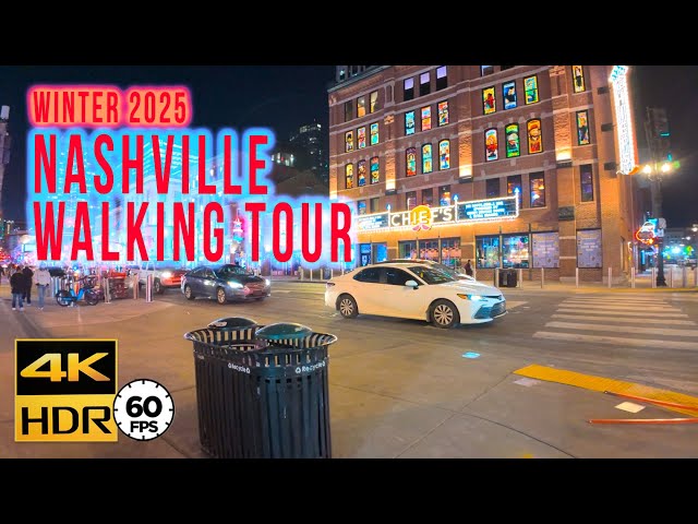 Immersive Nashville Winter Walking Tour of Broadway at Night | 4K HDR