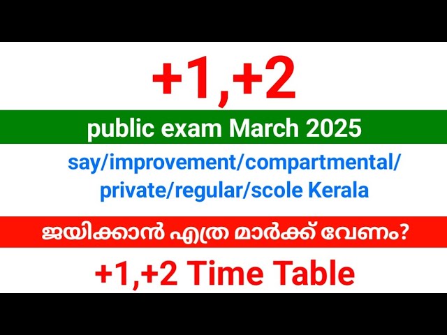 plus one, plus two public exam time table and  minimum required mark for pass .