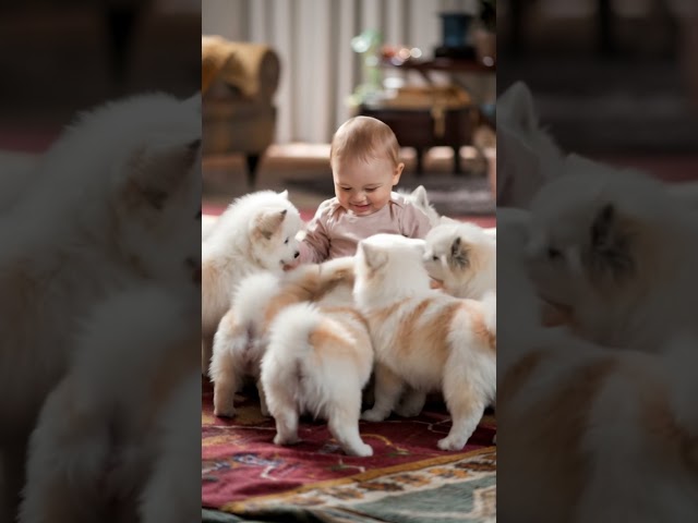 Cute baby with his puppies #cutebaby #cute #puppies #shortvideo #shorts