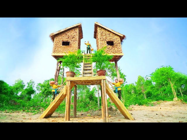 Survival Girl Living Off Grid, Building Two Tree House Contiguous on Tree, Sleeping House, Kitchen