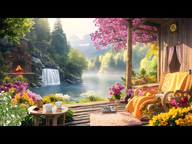 Morning Lakeside Ambience🌸 Spring Nature Sounds, Campfire, And Waterfall Ambience Ffor Relaxation