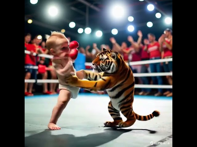 A fight between a cute baby and a tiger