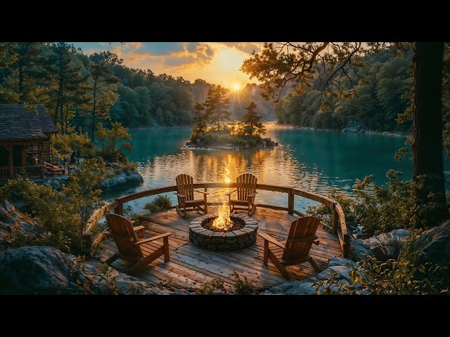 Cozy Beautifull Scenery Lakeside Porch: Cozy Campfire & Nature Sounds for Morning Relaxation