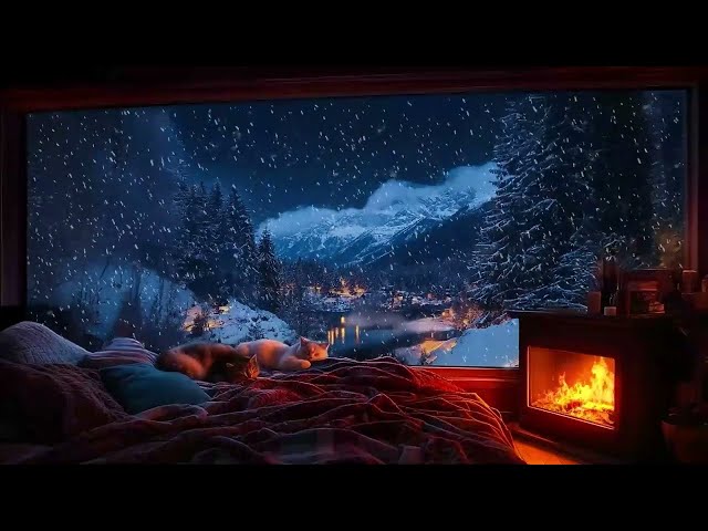 Cozy by the Fireplace ❄️ Relaxing Snowfall and Howling Blizzard Sounds Outside for a Tranquil Winter