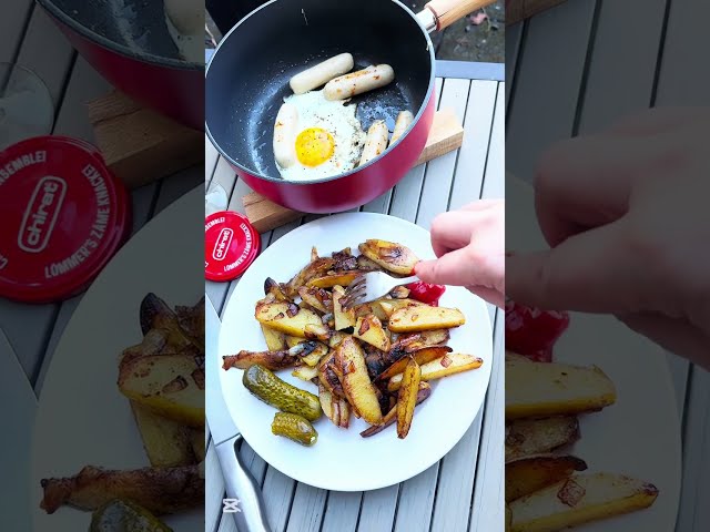 Foodasmr Outdoor Cooking: Fried Potatoes with Mushrooms, Onions, Small Sausages, and Egg🥘 #foodasmr