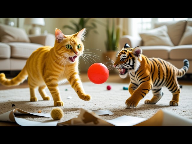 The cat and the tiger became friends and played ball together in the garden