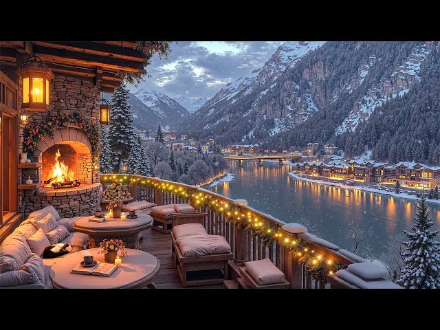 Tranquil Winter Nights: Smooth Piano Jazz, Glowing Fireplace & Snowy Mountain Relaxing Cozy Terrace