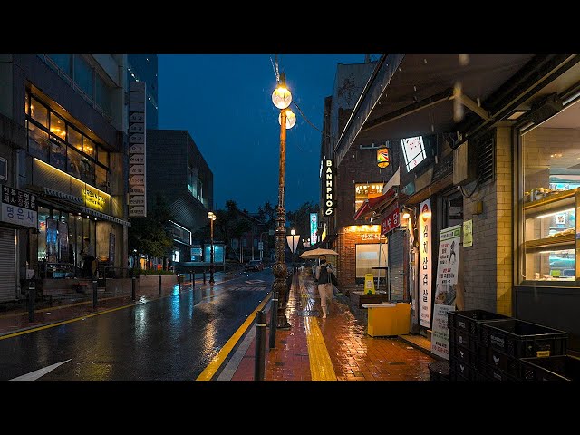 Seoul Powerful Rainy Night Walk around Jeongdong Street | Umbrella Sounds 4K HDR