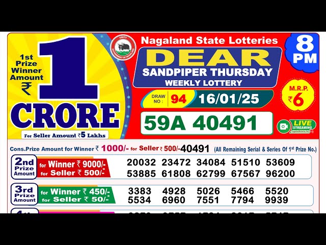 🔴DEAR LOTTERY RESULT| 8PM (16-01-2025); Dear Sandpiper Thursday Lottery Result