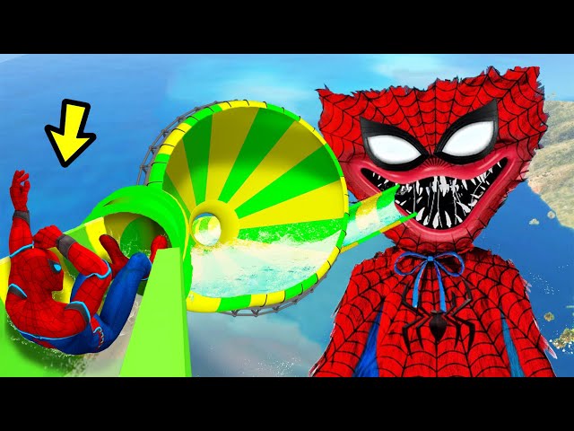 SPIDERMAN Huggy-Wuggy WATER SLIDES GTA 5! CROCODILE! Funny Superhero Challange