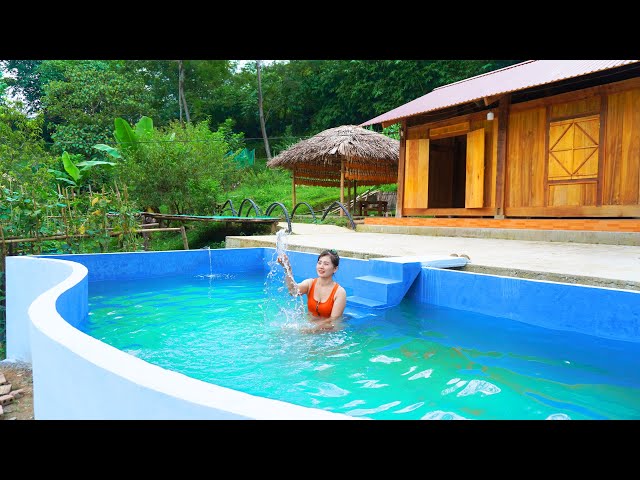 TIMELAPSE: START to FINISH Alone Building Swimming Pool With Bricks Cement - BUILD LOG CABIN