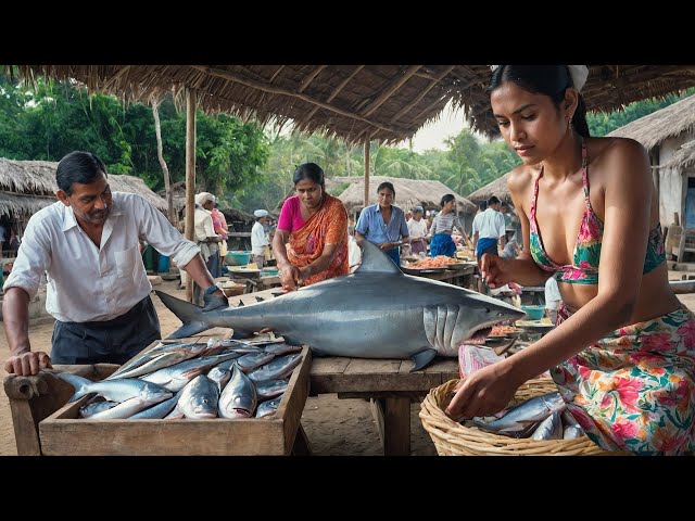 Freshly Caught Giant Fish: Cutting Skills at the Local Market