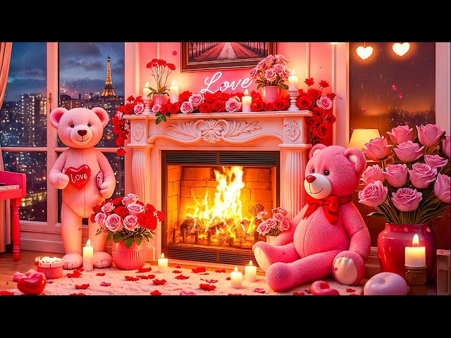 Cozy Valentine's Day Fireplace Ambience❤️🌹 Valentine Romantic Instrumental Music💌 Happy Valentine's