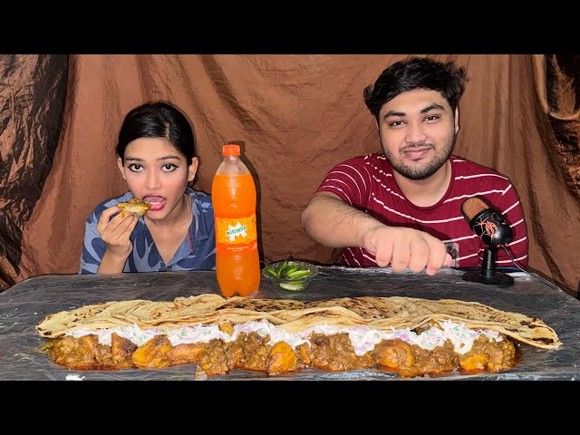 ASMR MUKBANG EATING SPICY MUTTON + RAITA WITH 30 PARATA + SALAD + COLD DRINK | SPICY MUTTON WITH ALO