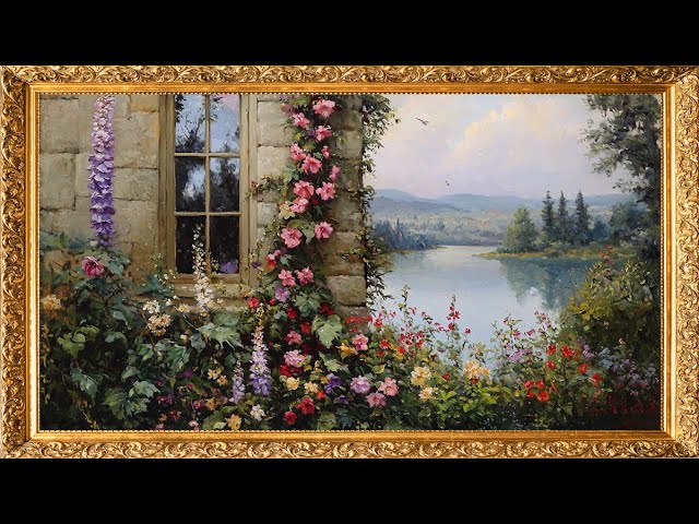 Vintage TV Art:  Lovely Cottage Garden by the Lake | Gold Framed Vintage Art | 2 Hrs | 4K