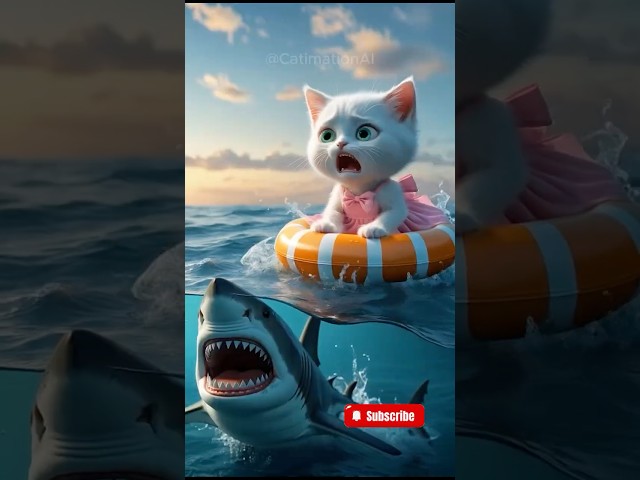 SHOCKING Dad Cat Battles Sharks to Protect Kittens 😽#aicat #cute #cat #kitten #funny  #aiart #shorts