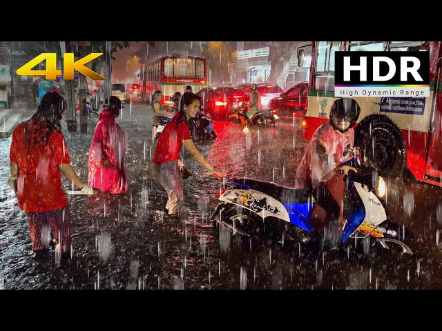 4K HDR // Night Heavy Rains Flood in Bangkok 2022 | Thunderstorm Sounds | Thailand #ASMR