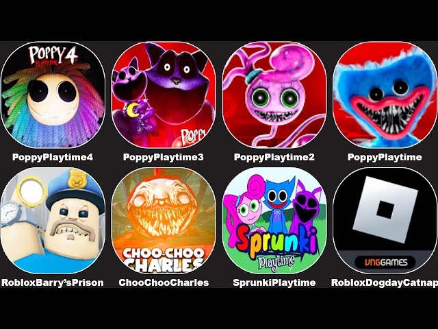 Poppy Playtime Chapter 4 Mobile,Roblox Barry’s Prison Run,Choo Choo Charles,Sprunki Playtime,Poppy 3