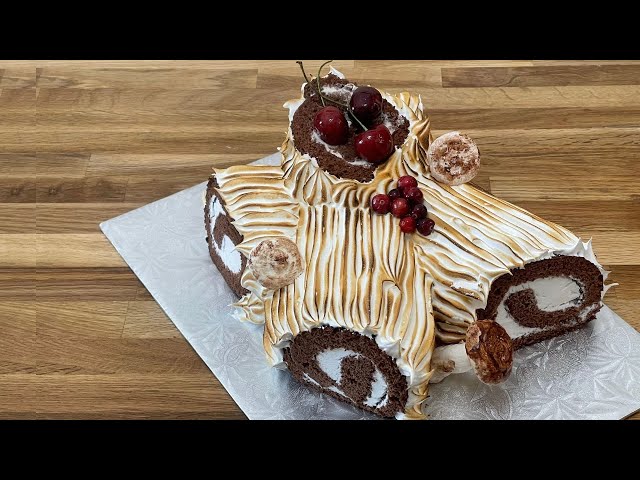 🎄Chocolate Yule Log Cake Recipe with Meringue,Christmas, Bûche De Noël,