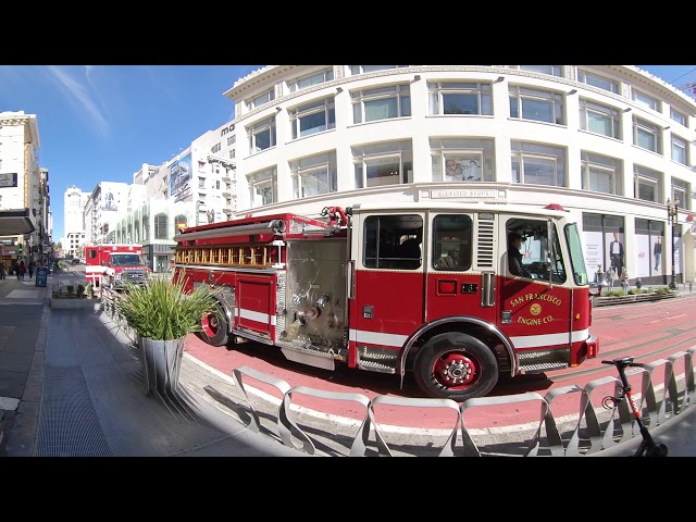 Emergency vehicles. Fire truck, ambulance and police car in downtown San Francisco, California, USA.