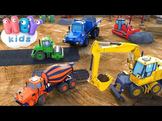 Les engins de chantier dessin animé 🚚 Tractopelle, bulldozer, grue, camion | HeyKids - Comptine bébé