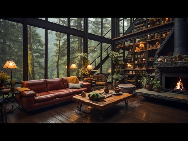 Relaxing Jazz Instrumental Music For Stress Relief - Cozy Living Room Inside Forest on Rainy Day 🌧️