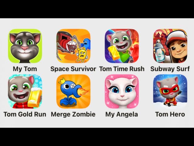 My Tom + Angela, Space Survivor, Tom Time Rush, Subway Surf, Tom Gold Run + Hero, Merge Zombie