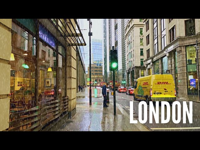 London RAIN Walk | Financial District London Walking Tour 4K