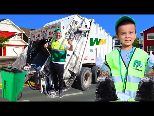 Garbage truck route with kids power wheels trucks to help real garbage truck dump trash | Super Krew