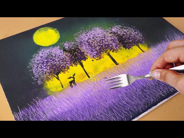 Scratch Painting Techniques with Fork/ Painting A Deer in a Fairy Forest/ Easy Acrylic Painting