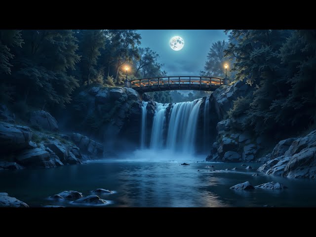 Waterfall Sounds at Night: Relaxing Piano Music, Nature Sounds, Crickets for Sleep & Stress Relief