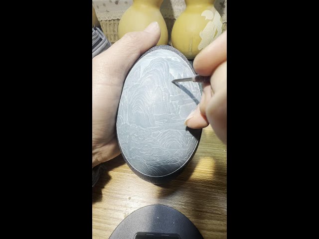 Emu egg carving in Shouguang egg carving landscape painting.# Handmade# Shouguang Big Auspicious Go