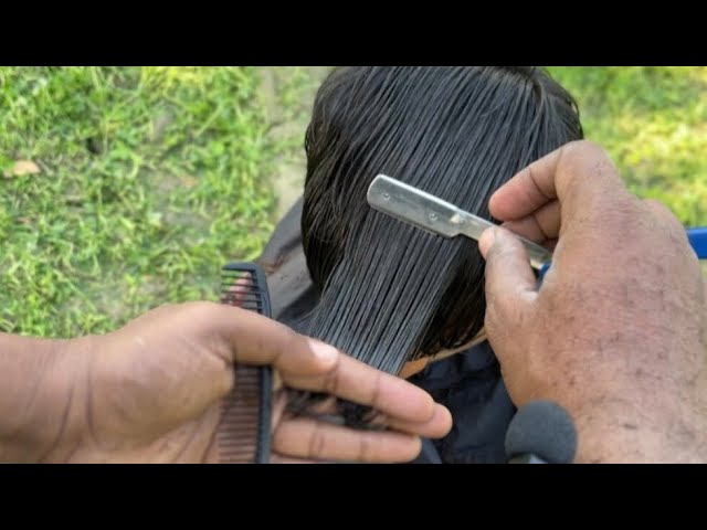 ASMR LONG HAIRCUTTING  IN MY VILLAGE BY TALENT BARBER IN THE WORLD#asmrhaircut