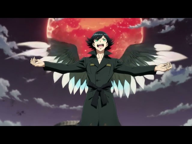 Villain with wings anime under a blood moon sky ends in neon rock j pop