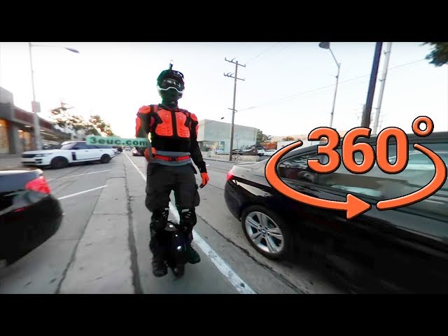 King Song 18L electric unicycle (EUC) fast ride on Melrose Avenue in Los Angeles - 1 of 2 ● 360° VR