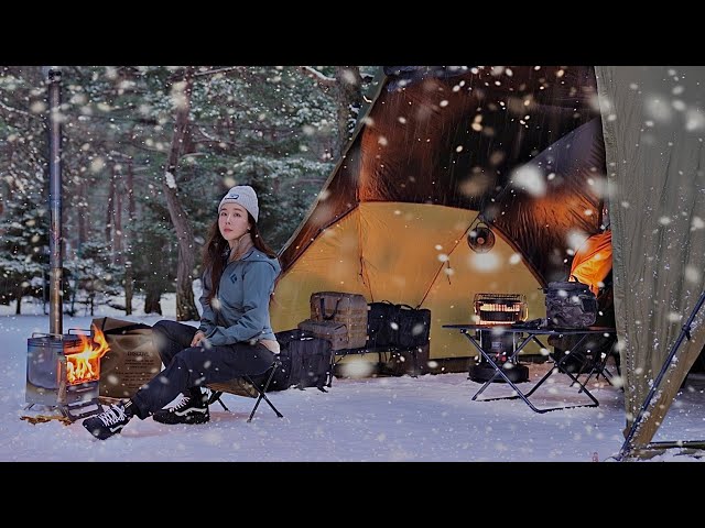 Camping in a Snowstorm forest  Alone in a Hot Tent